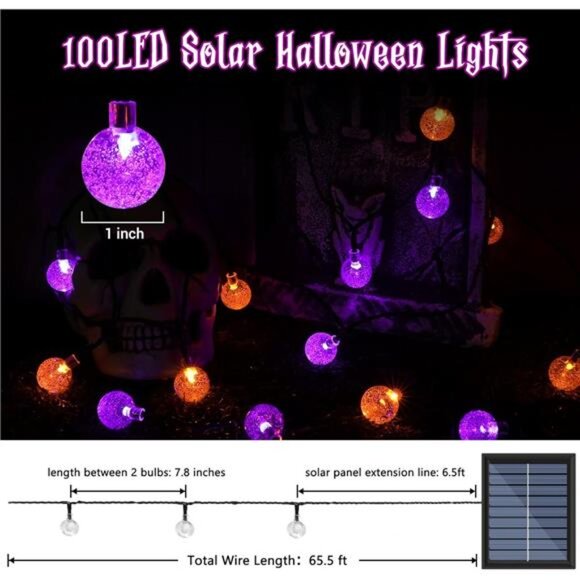 Orange Purple Solar Halloween Lights,72FT 100 LED Halloween Globe Lights,8 Modes - Picture 4 of 8